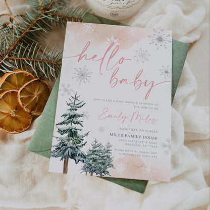 Hello Baby Winter Baby Shower Invitation, Winter girl baby shower invitation - LovelyTemplatesCo