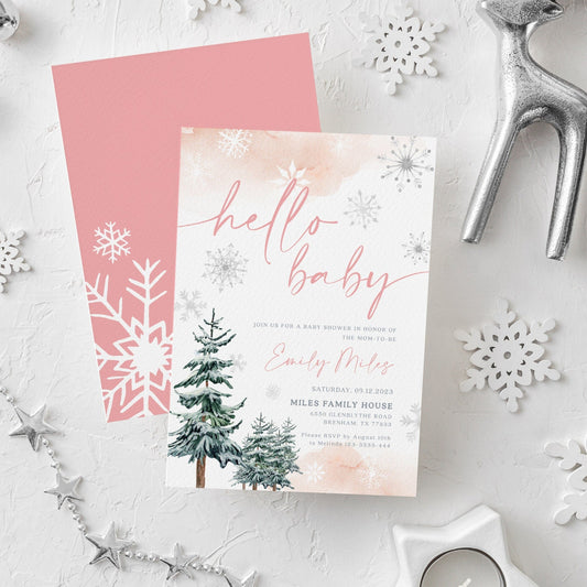Hello Baby Winter Baby Shower Invitation, Winter girl baby shower invitation - LovelyTemplatesCo