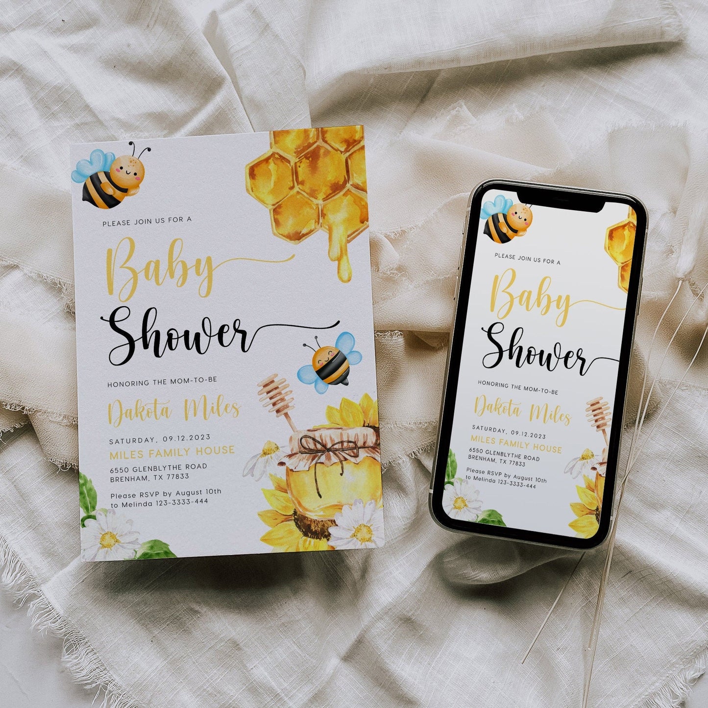 Honey Bee and Sunflower Baby Shower Invitation - LovelyTemplatesCo