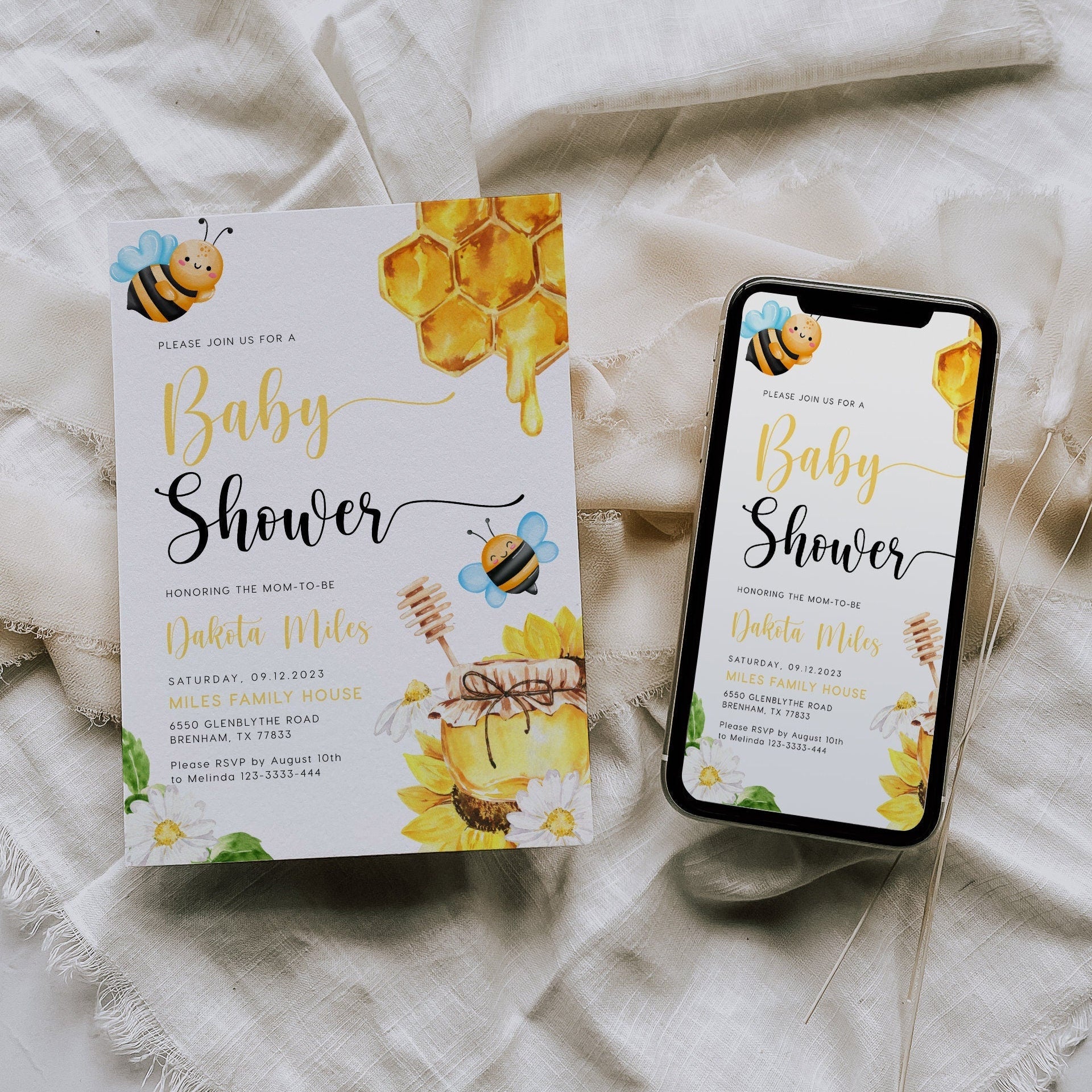 Honey Bee and Sunflower Baby Shower Invitation - LovelyTemplatesCo