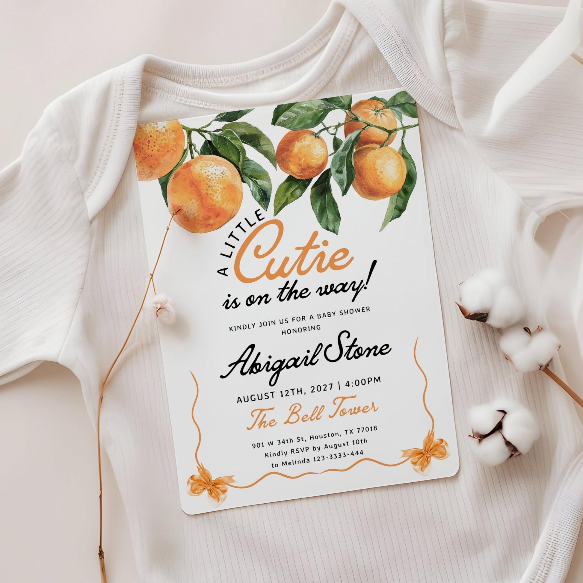 Little Cutie Is on the Way | Orange Baby Shower Invitation - LovelyTemplatesCo