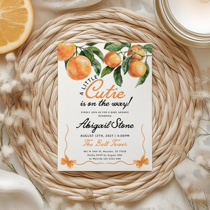 Little Cutie Is on the Way | Orange Baby Shower Invitation - LovelyTemplatesCo