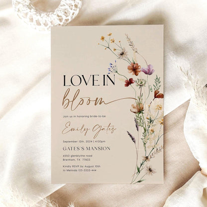 Love in Bloom Invitation | Bridal Shower Invitation | Beige Invitation with Boho Florals - LovelyTemplatesCo