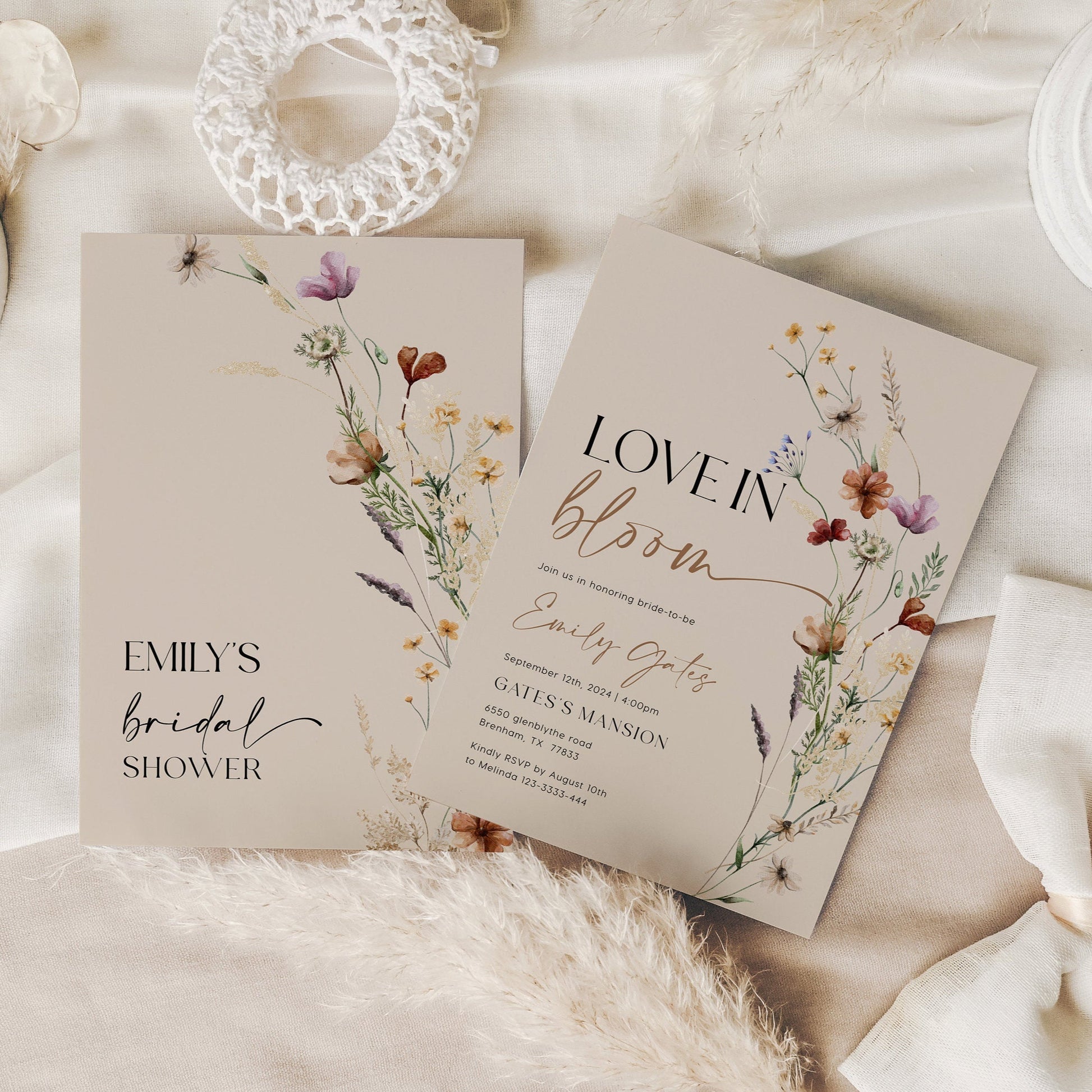 Love in Bloom Invitation | Bridal Shower Invitation | Beige Invitation with Boho Florals - LovelyTemplatesCo