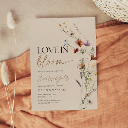 Love in Bloom Invitation | Bridal Shower Invitation | Beige Invitation with Boho Florals - LovelyTemplatesCo