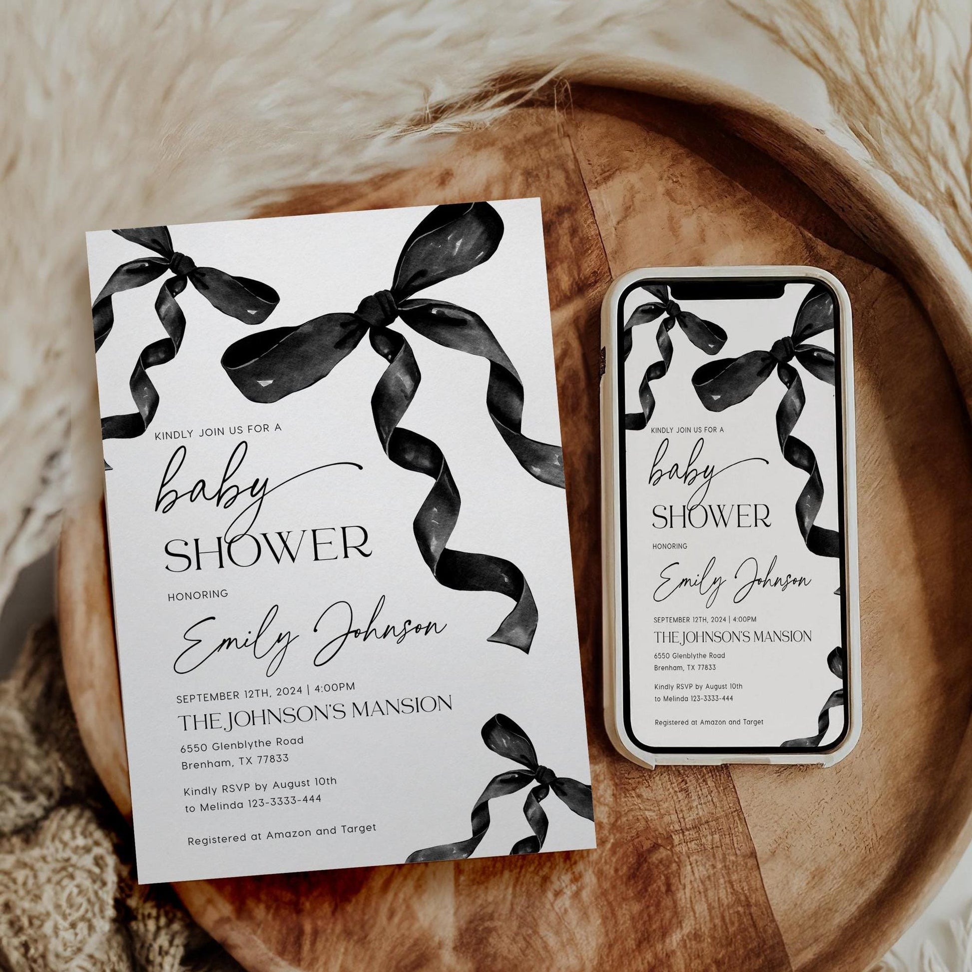 Minimalist Black Bow Baby Shower Invite - LovelyTemplatesCo