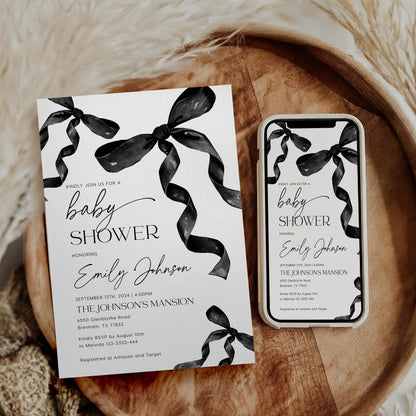 Minimalist Black Bow Baby Shower Invite - LovelyTemplatesCo