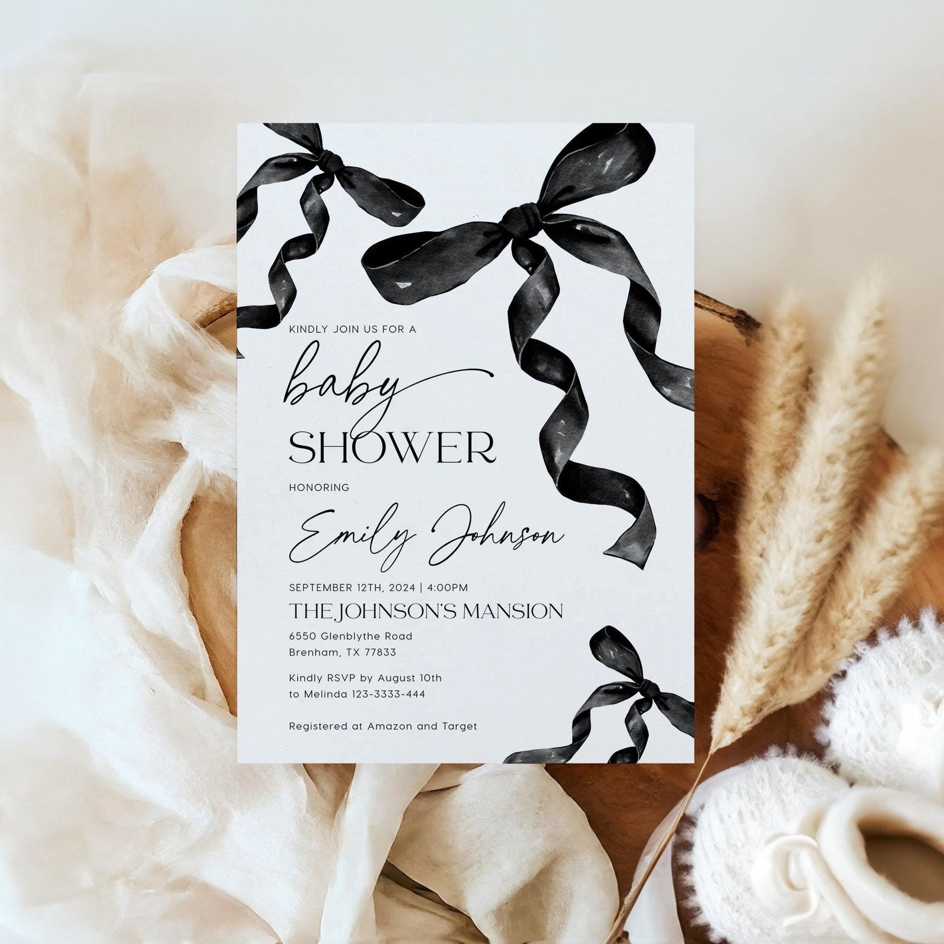 Minimalist Black Bow Baby Shower Invite - LovelyTemplatesCo