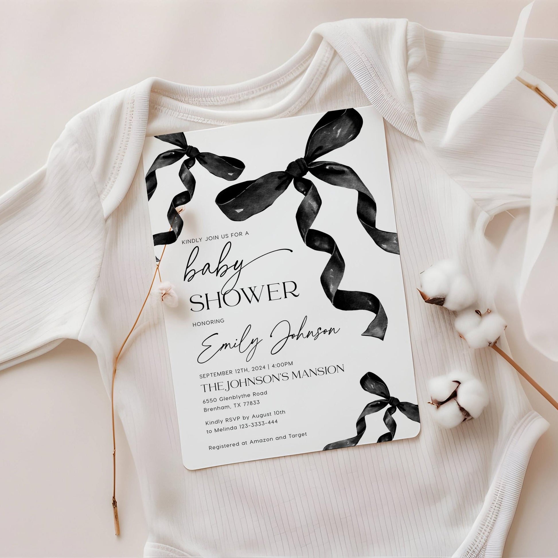 Minimalist Black Bow Baby Shower Invite - LovelyTemplatesCo