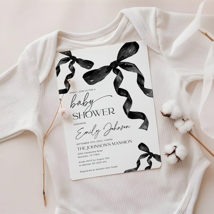 Minimalist Black Bow Baby Shower Invite - LovelyTemplatesCo