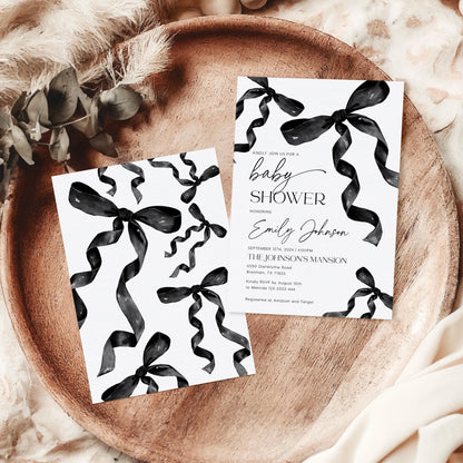 Minimalist Black Bow Baby Shower Invite - LovelyTemplatesCo