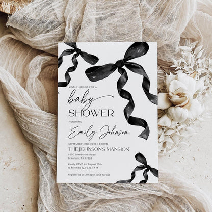 Minimalist Black Bow Baby Shower Invite - LovelyTemplatesCo