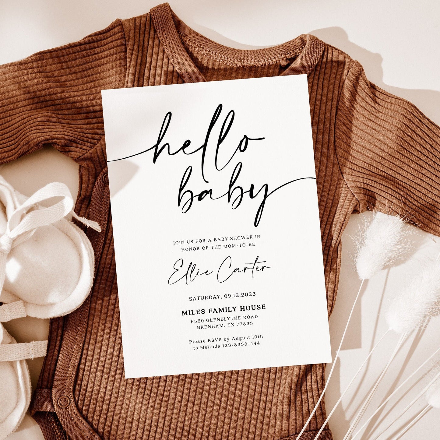 Modern and elegant Hello baby shower invitation - LovelyTemplatesCo
