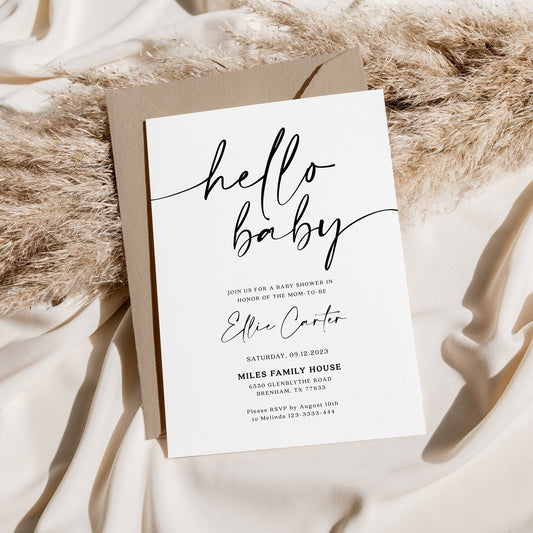 Modern and elegant Hello baby shower invitation - LovelyTemplatesCo