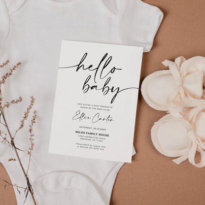 Modern and elegant Hello baby shower invitation - LovelyTemplatesCo