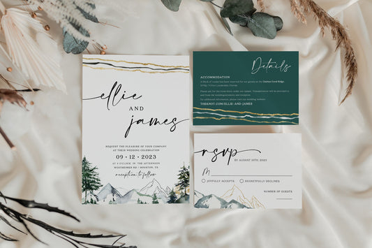 Mountains wedding invitation, Pine forest and mountains invitation set, Winter Wedding invitation template - LovelyTemplatesCo