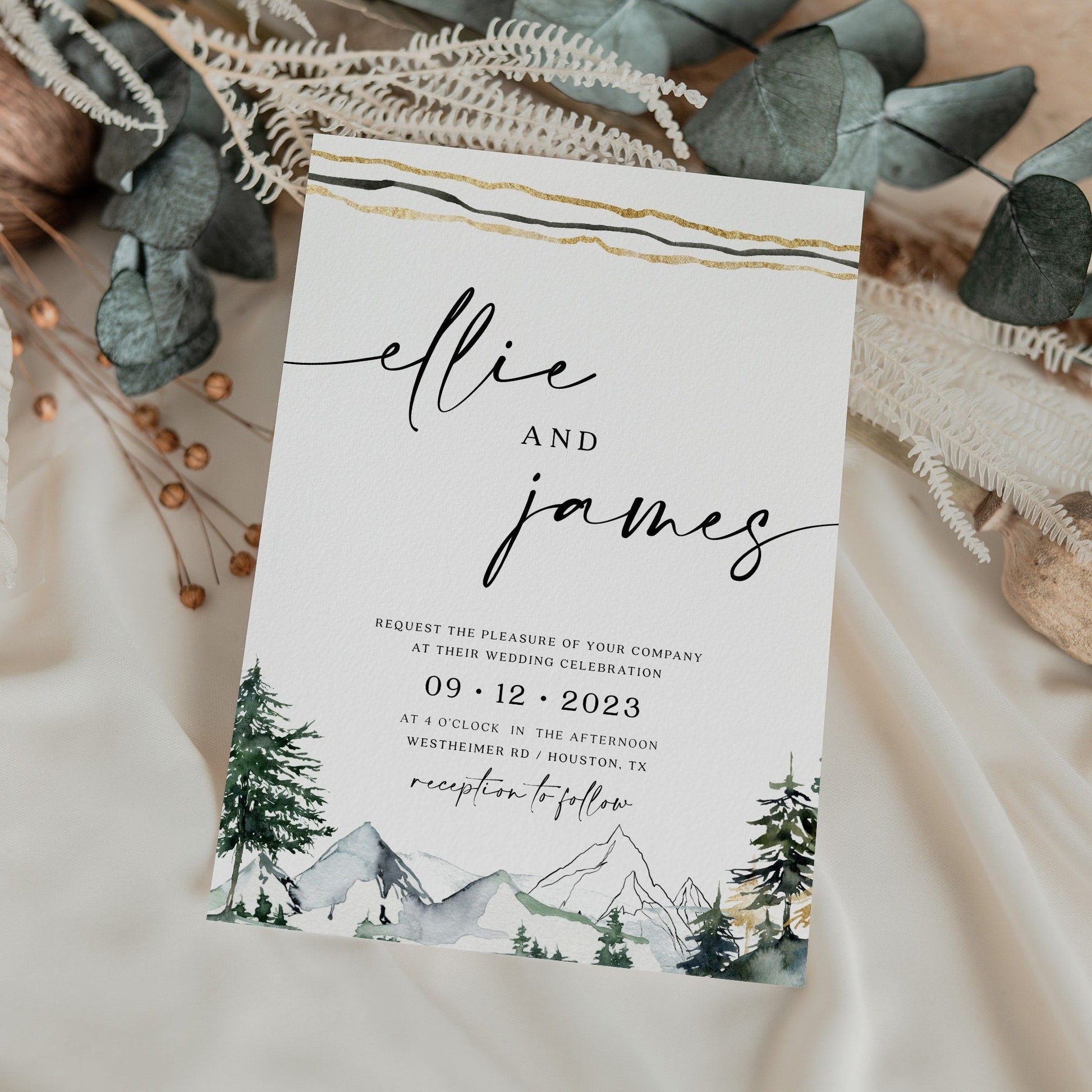 Mountains wedding invitation, Pine forest and mountains invitation set, Winter Wedding invitation template - LovelyTemplatesCo