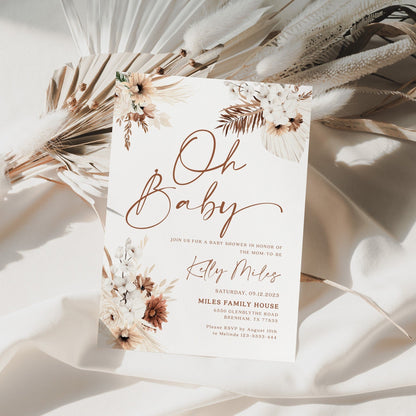 Oh Baby invitation, Boho Pampas baby shower invitation - LovelyTemplatesCo