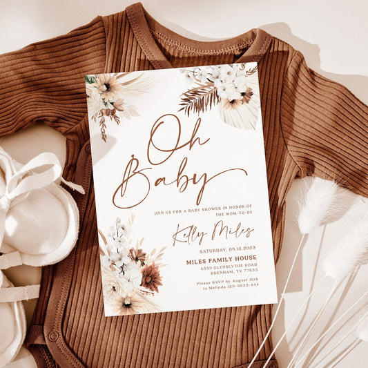Oh Baby invitation, Boho Pampas baby shower invitation - LovelyTemplatesCo