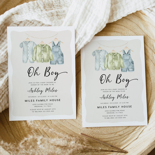 Oh Boy Invitation, Baby shower Boy Invitation, Baby Clothes Invitation - LovelyTemplatesCo