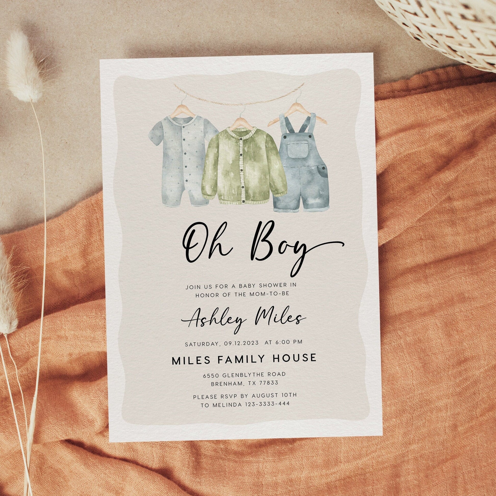 Oh Boy Invitation, Baby shower Boy Invitation, Baby Clothes Invitation - LovelyTemplatesCo