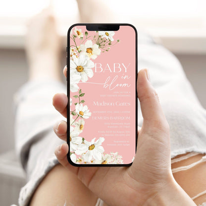 Pink Baby In Bloom Evite, Daisy Baby Shower Evite - LovelyTemplatesCo