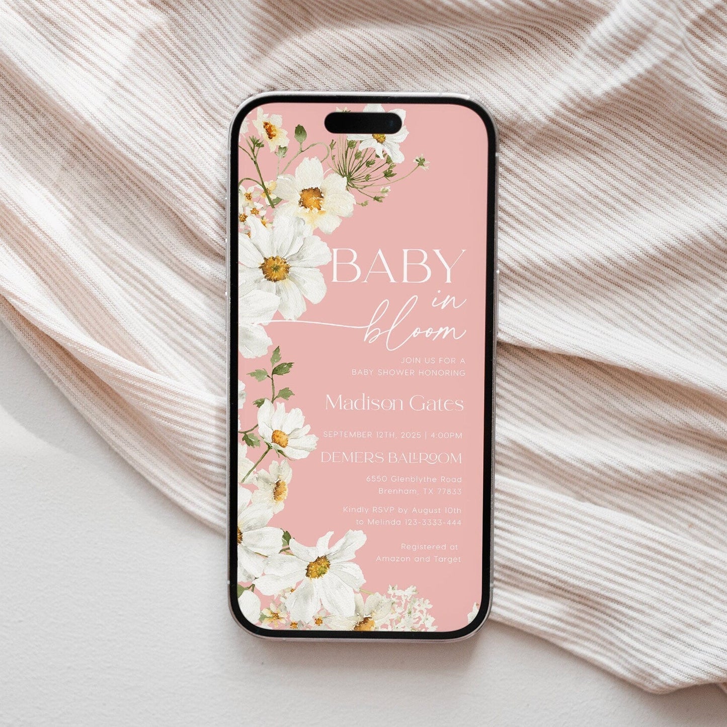 Pink Baby In Bloom Evite, Daisy Baby Shower Evite - LovelyTemplatesCo