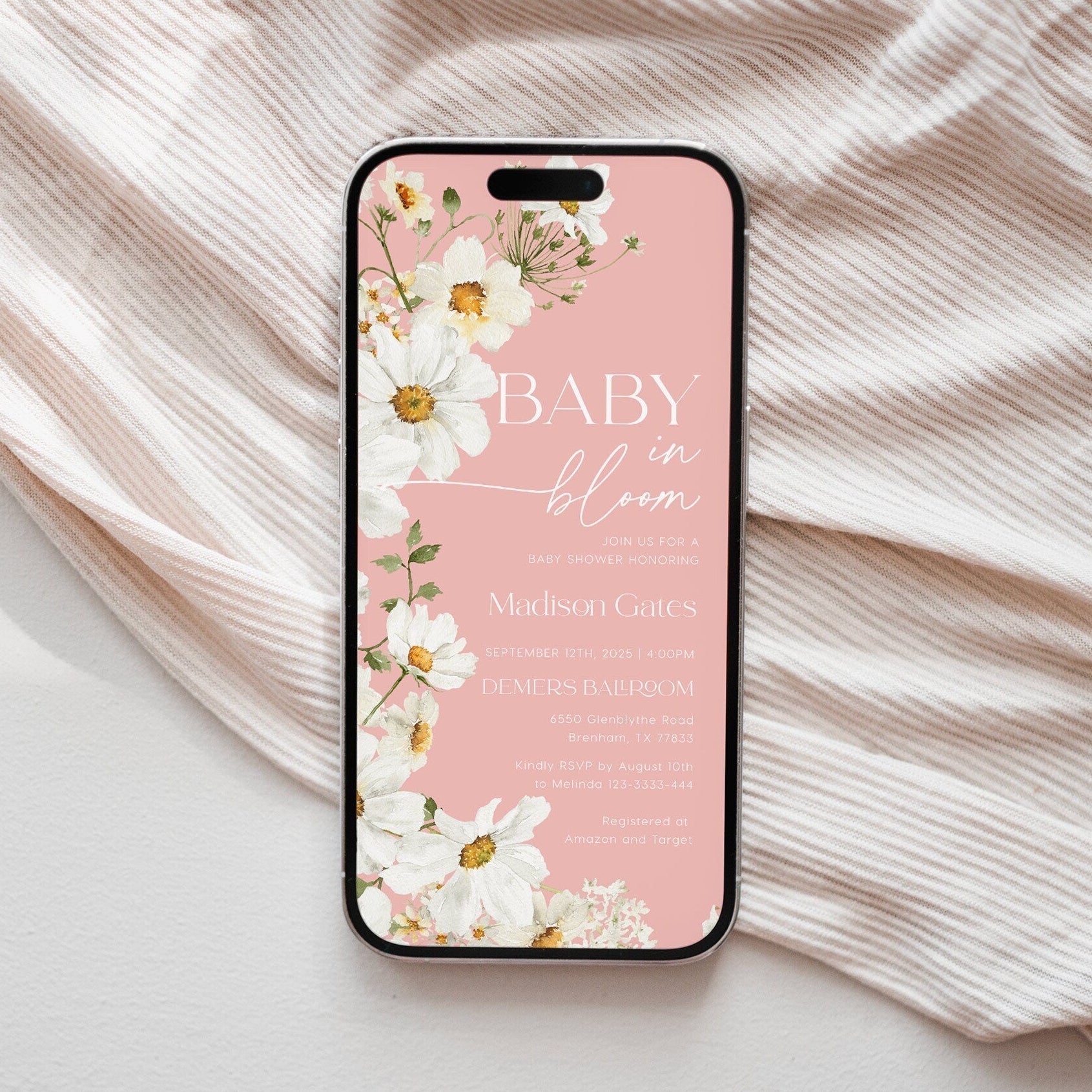 Pink Baby In Bloom Evite, Daisy Baby Shower Evite - LovelyTemplatesCo