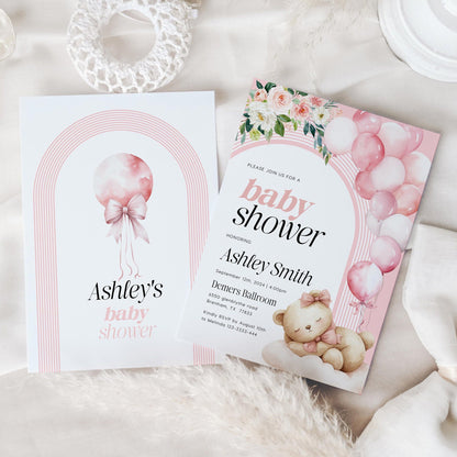 Pink Baby Shower Invitation, Girl baby shower invitation, Bear with balloons baby shower - LovelyTemplatesCo