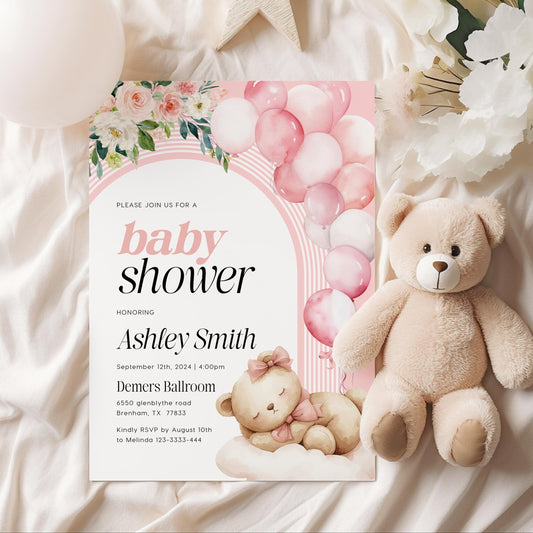 Pink Baby Shower Invitation, Girl baby shower invitation, Bear with balloons baby shower - LovelyTemplatesCo
