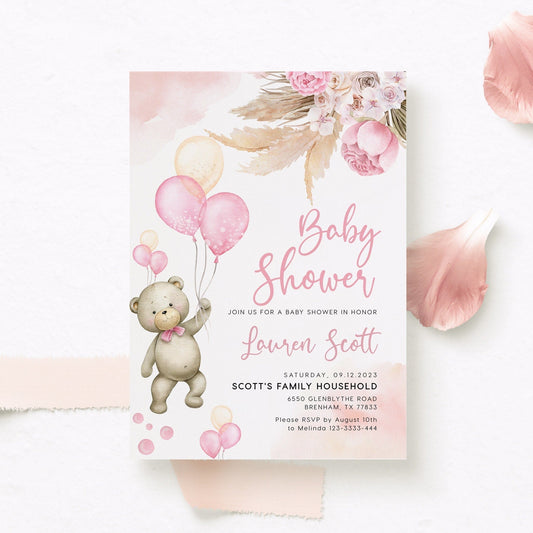 Pink Bear and Balloon Baby Shower Invitation - LovelyTemplatesCo