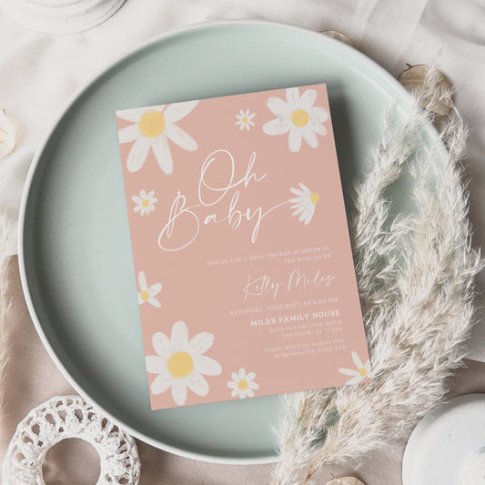 Pink Daisy Oh Baby Invitation, Pink Baby shower invitation - LovelyTemplatesCo
