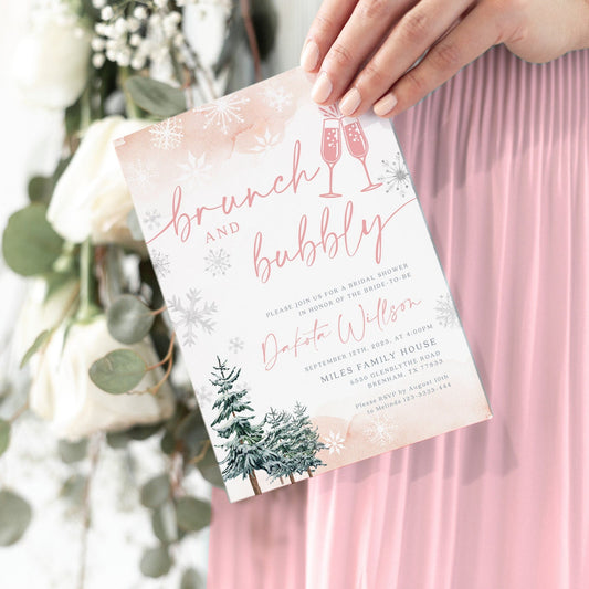Pink Winter Bridal shower invitation, Bridal shower brunch invitation template - LovelyTemplatesCo