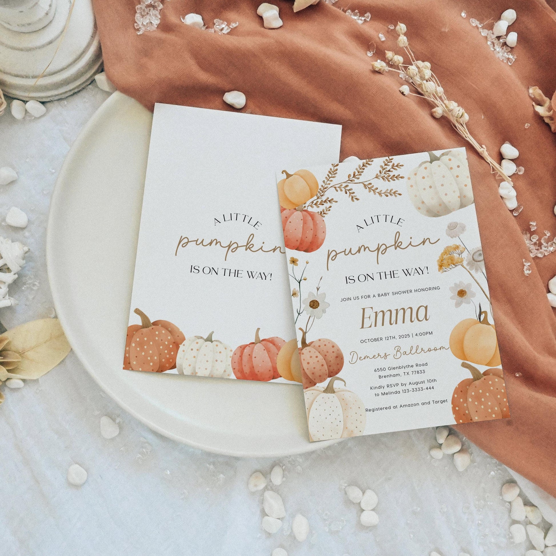 Pumpkin Baby Shower Invitation, Fall baby shower Invitation template - LovelyTemplatesCo