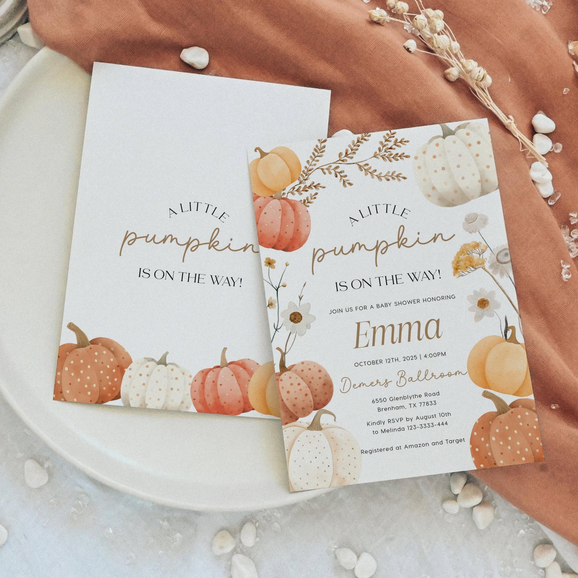 Pumpkin Invitation bundle, Fall baby Shower Invitation template with Diaper raffle and Books for Baby card - LovelyTemplatesCo
