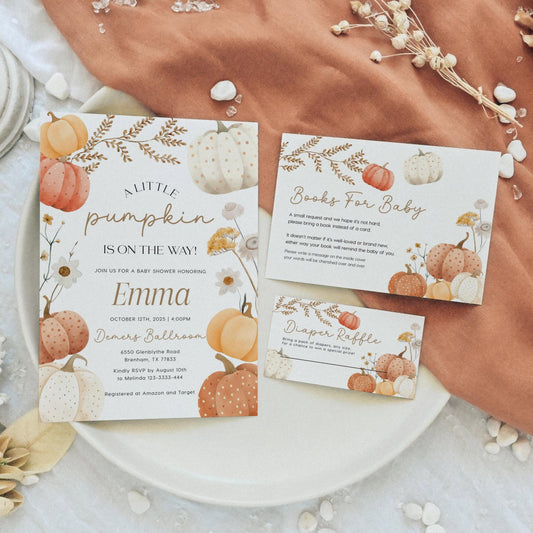 Pumpkin Invitation bundle, Fall baby Shower Invitation template with Diaper raffle and Books for Baby card - LovelyTemplatesCo