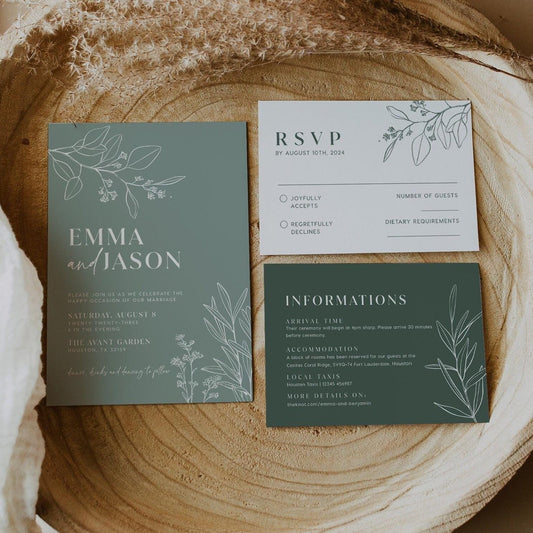 Sage Green Floral Wedding Invitation - LovelyTemplatesCo