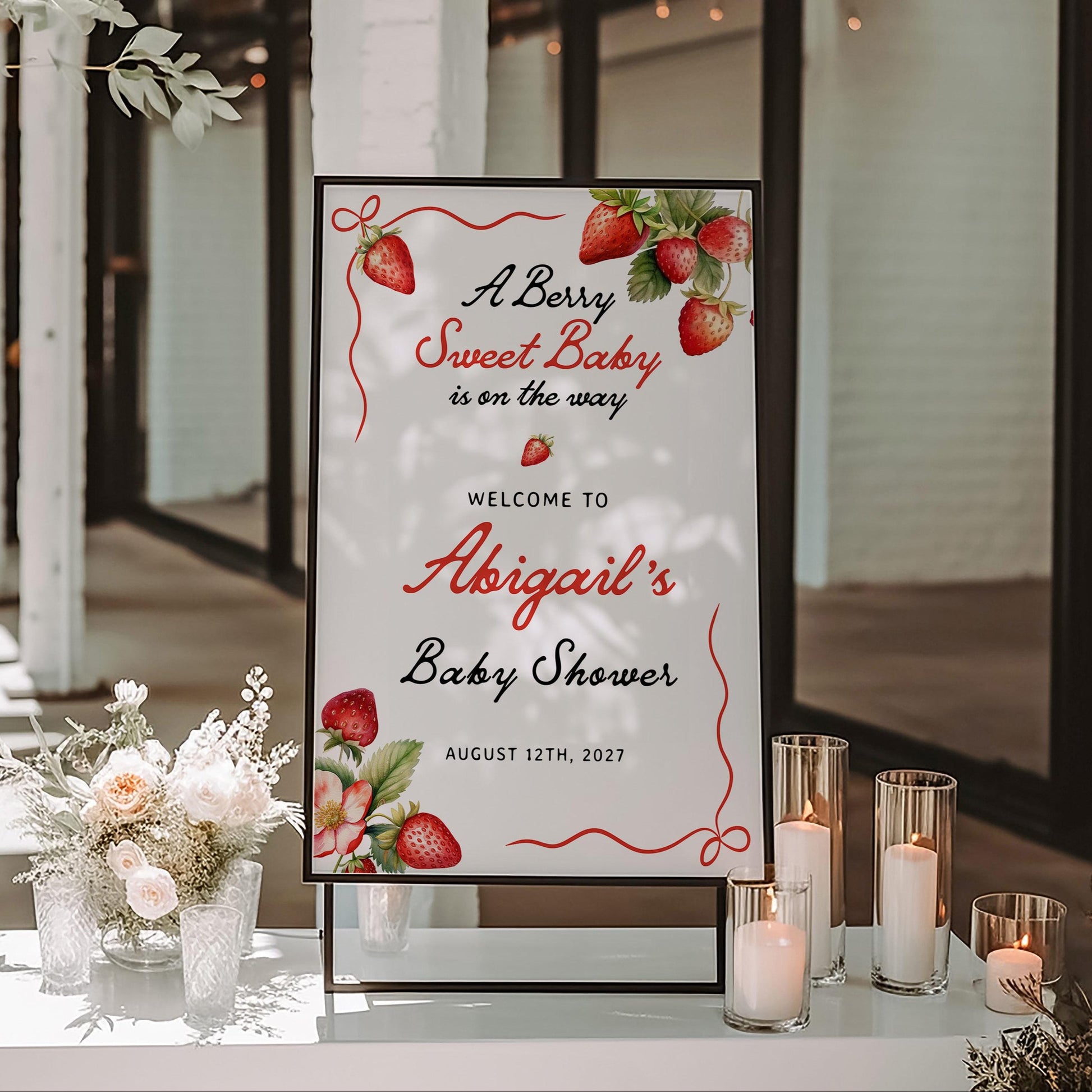 Strawberry Baby Shower Welcome Sign - LovelyTemplatesCo
