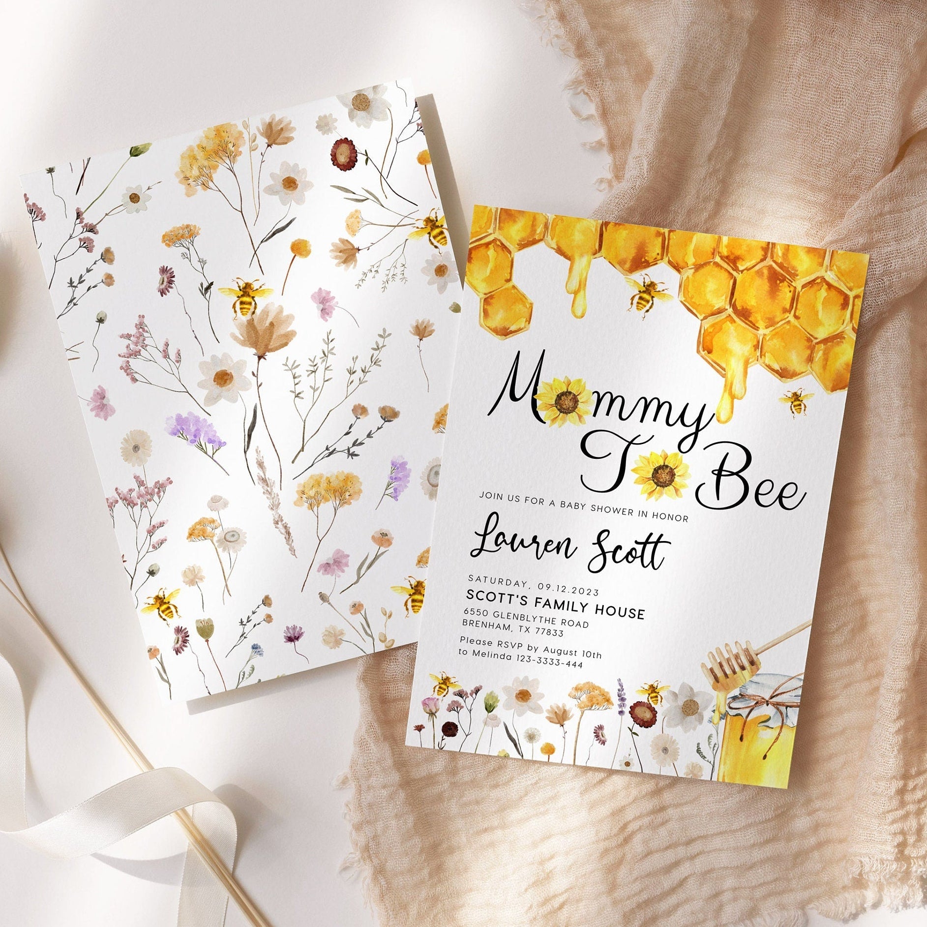 Sunflower baby shower Invitation, Honey baby shower invitation, Mommy to Bee invitation - LovelyTemplatesCo