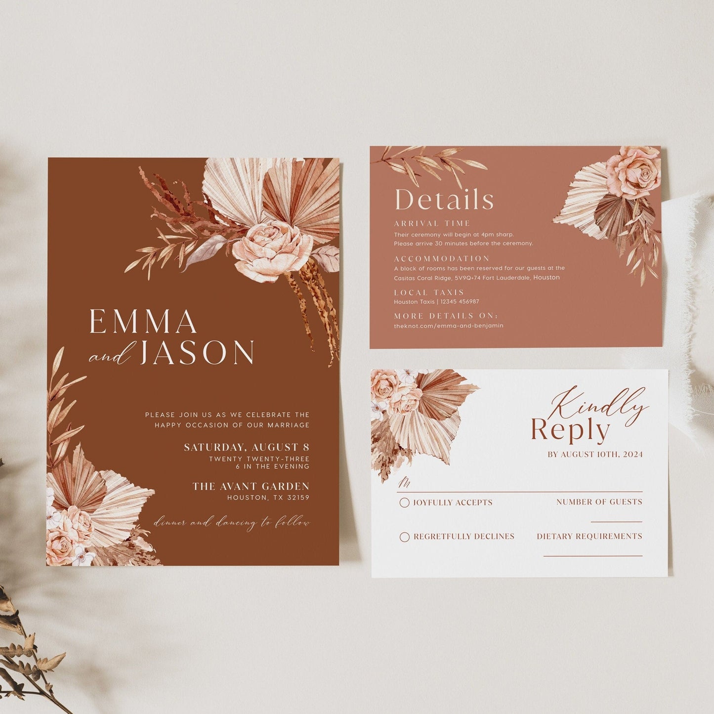 Terracotta Wedding Invitation template, Pampas wedding invitation set - LovelyTemplatesCo