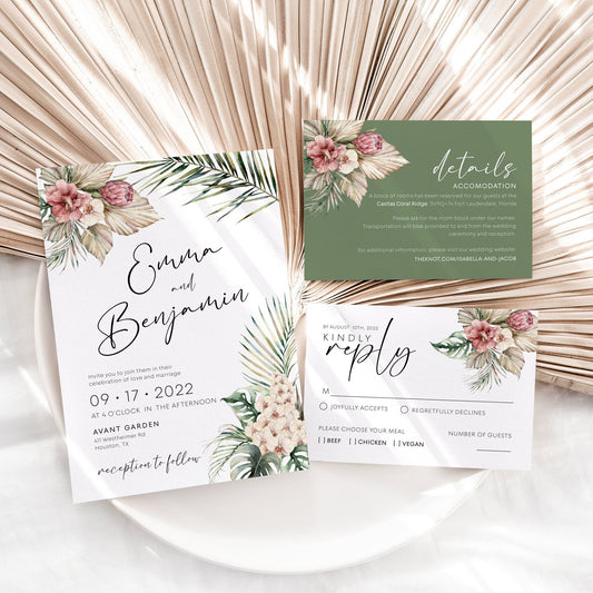 Tropical pampas Wedding invitation, Beach wedding invitation set - LovelyTemplatesCo