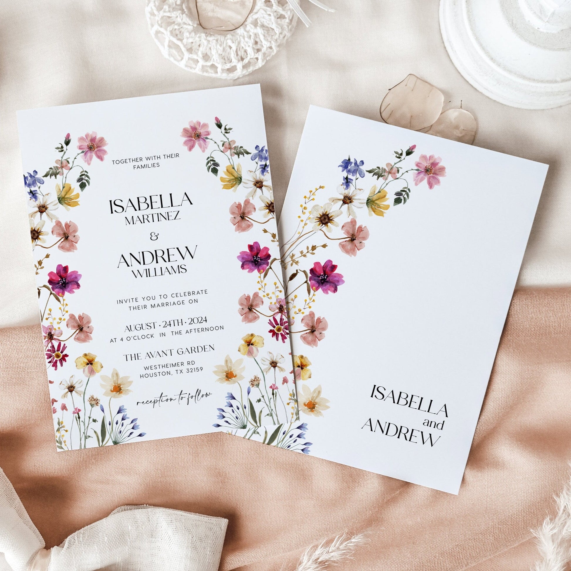 Watercolor Floral Wedding Invitation, Wedding invitation template, Spring Summer wildflower wedding invitation set - LovelyTemplatesCo