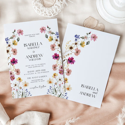 Watercolor Floral Wedding Invitation, Wedding invitation template, Spring Summer wildflower wedding invitation set - LovelyTemplatesCo