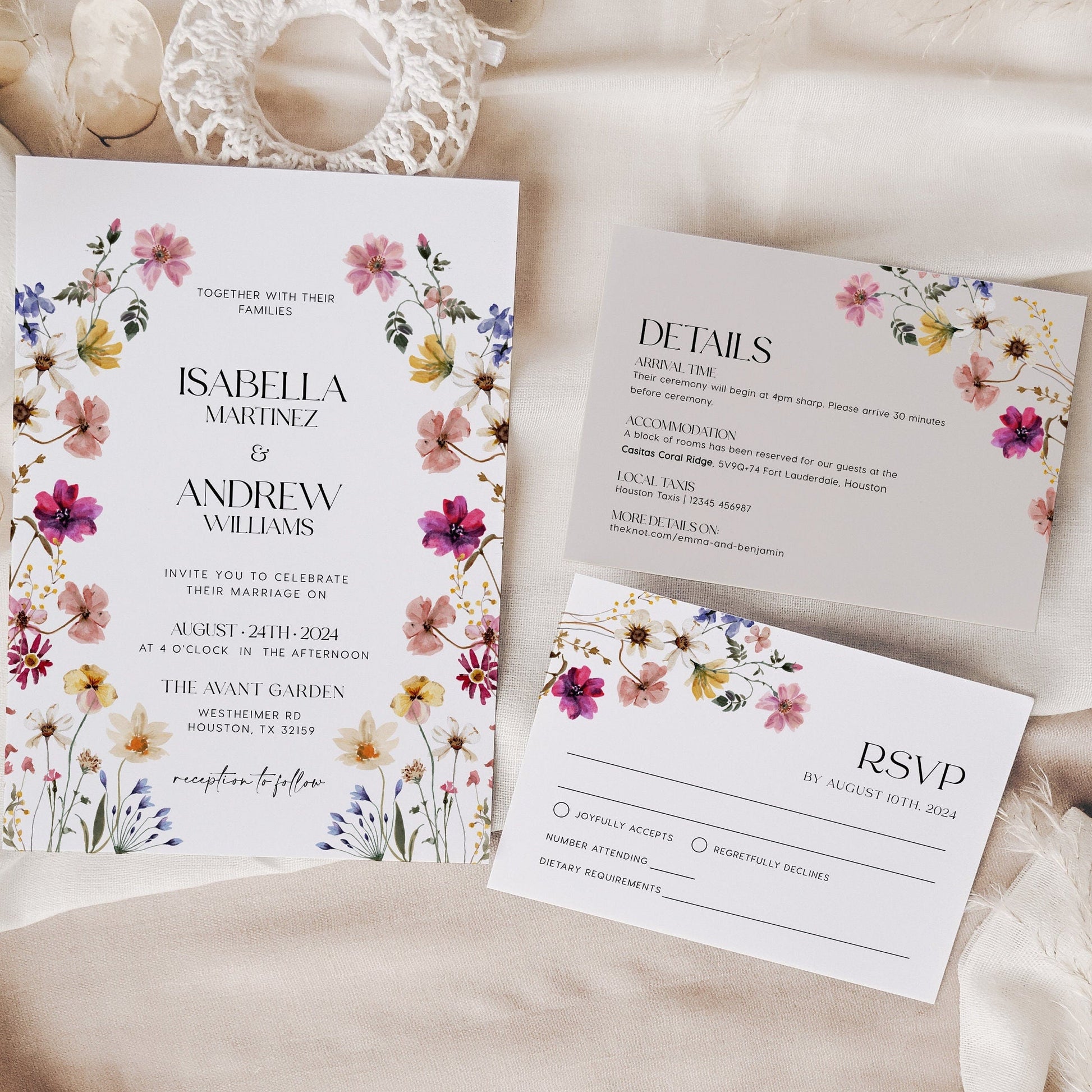 Watercolor Floral Wedding Invitation, Wedding invitation template, Spring Summer wildflower wedding invitation set - LovelyTemplatesCo