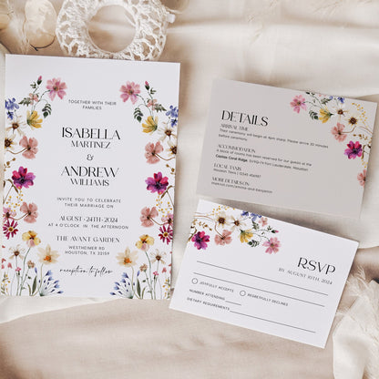 Watercolor Floral Wedding Invitation, Wedding invitation template, Spring Summer wildflower wedding invitation set - LovelyTemplatesCo