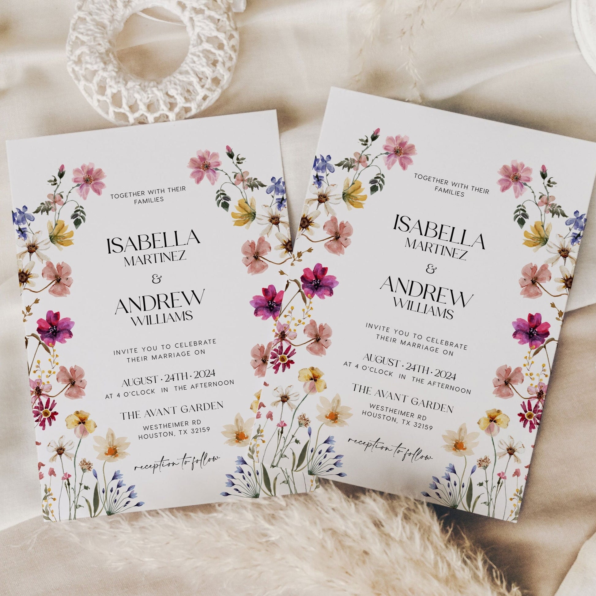 Watercolor Floral Wedding Invitation, Wedding invitation template, Spring Summer wildflower wedding invitation set - LovelyTemplatesCo