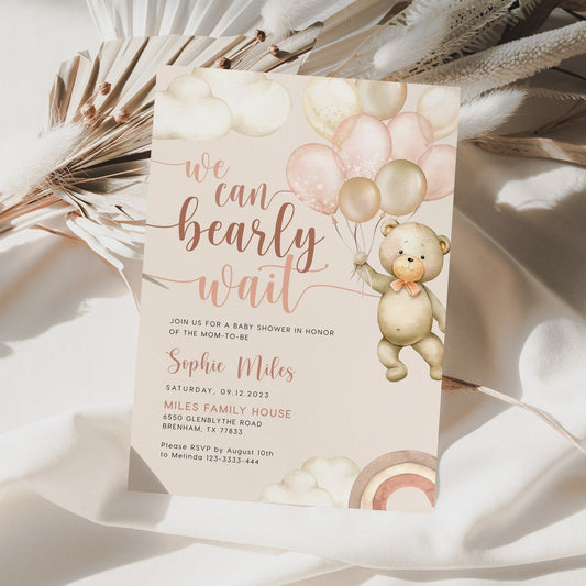 We can bearly wait invitation, Bear baby Shower invitation - LovelyTemplatesCo