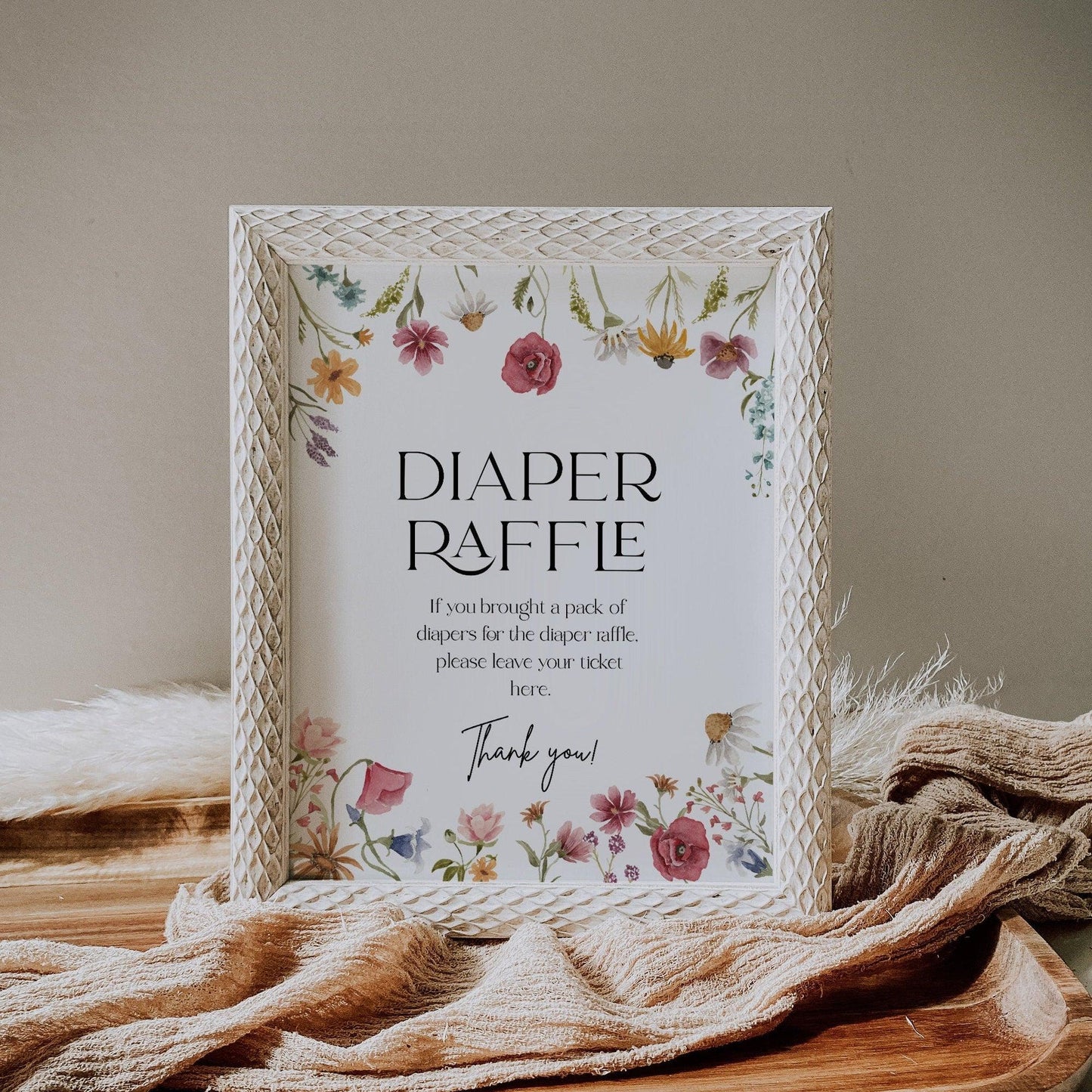 Wildflower Baby Shower Diaper Raffle sign - LovelyTemplatesCo