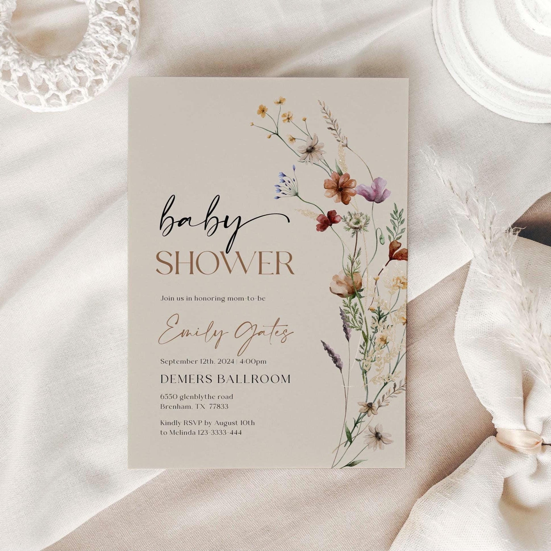 Wildflower Baby Shower Invitation | Beige Baby Shower Invitation - LovelyTemplatesCo