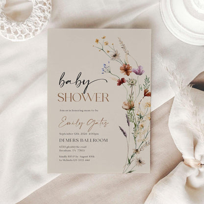 Wildflower Baby Shower Invitation | Beige Baby Shower Invitation - LovelyTemplatesCo